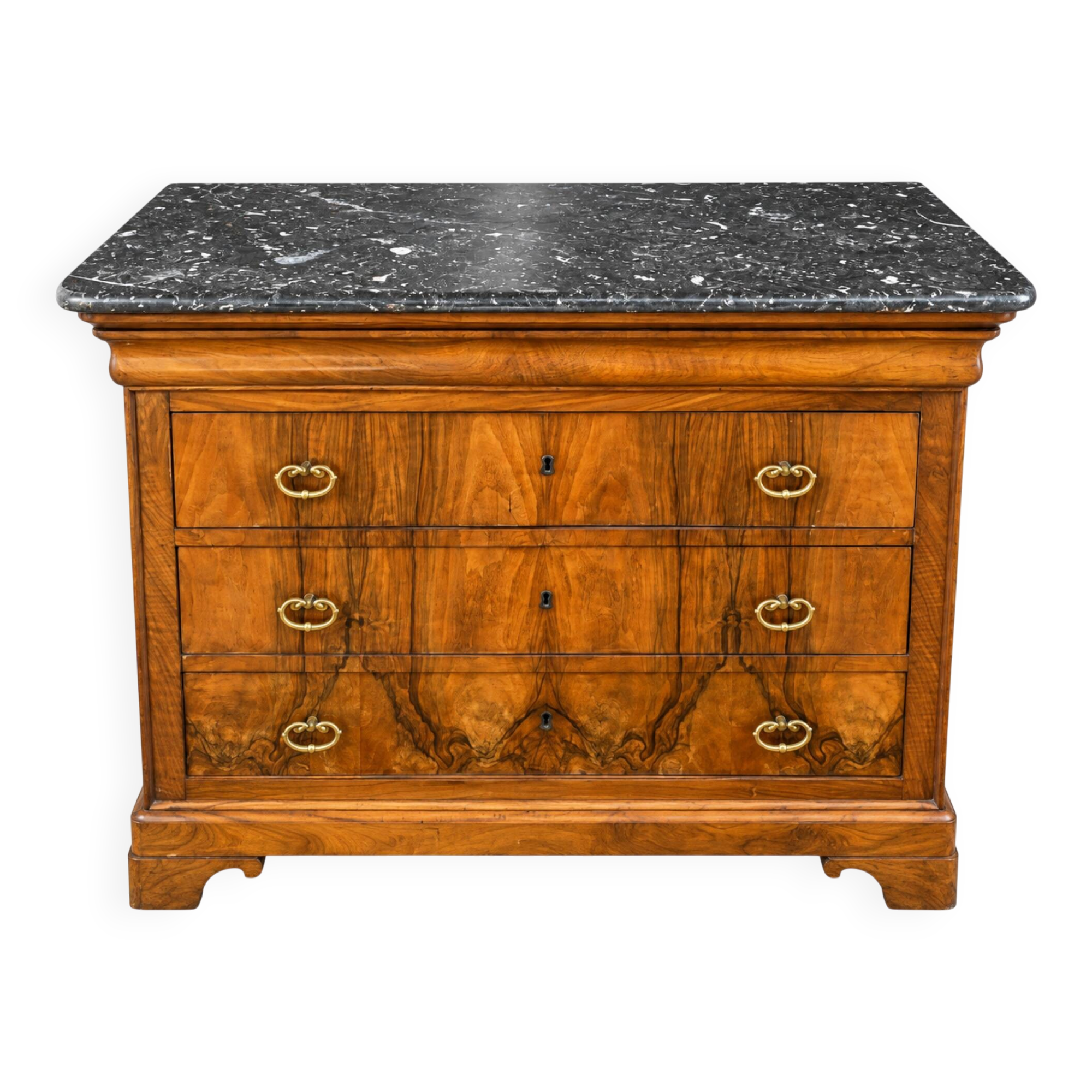 Louis-Philippe style secretary chest of drawers from the 19th century with walnut burl veneer.