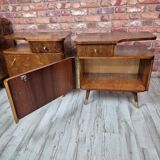 Pair of Asymmetrical Mid-Century  Walnut Nightstands with Brass Details