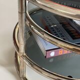 Milo Baughman vintage round coffee table with chrome swivel tops and smoked glass