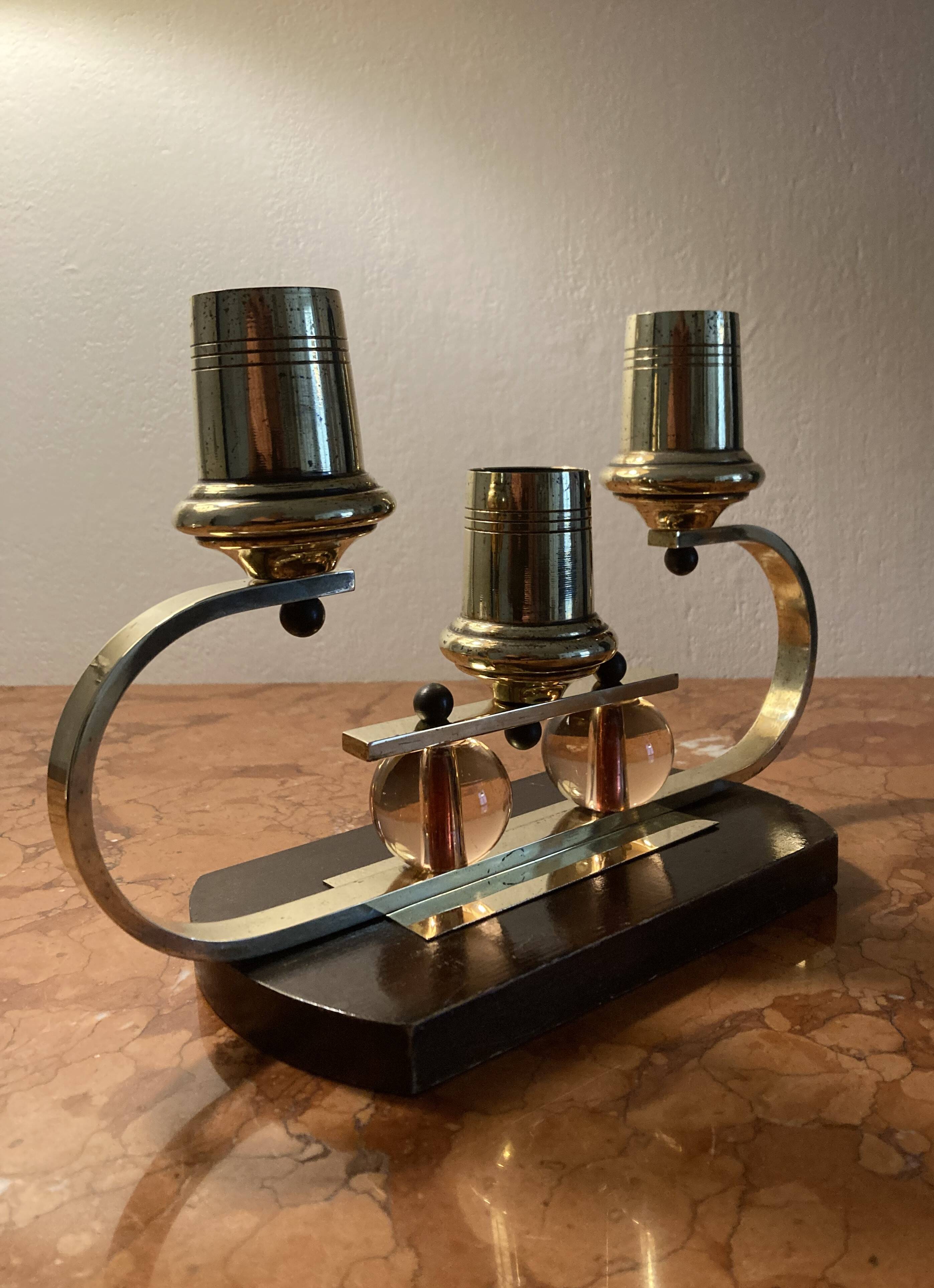 Art Deco candle holder in wood and brass