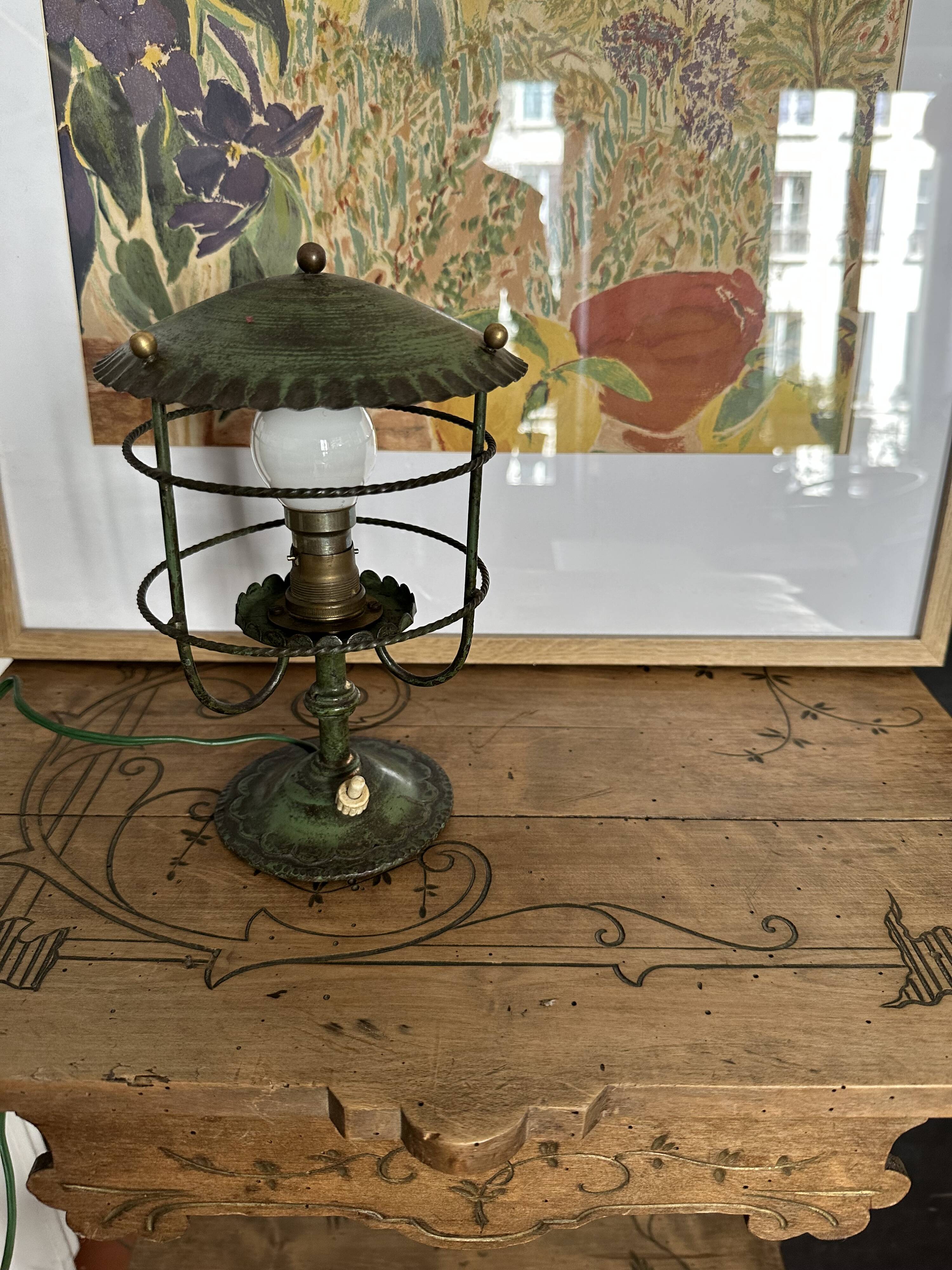 Antique patinated green metal lamp, Art Nouveau style, early 20th century.