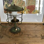 Antique patinated green metal lamp, Art Nouveau style, early 20th century.