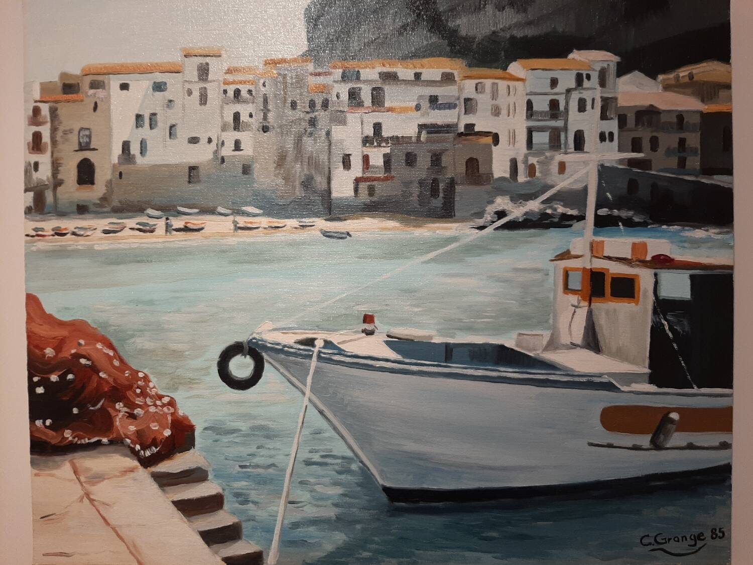 Oil on canvas the port of Cefalu Sicily
