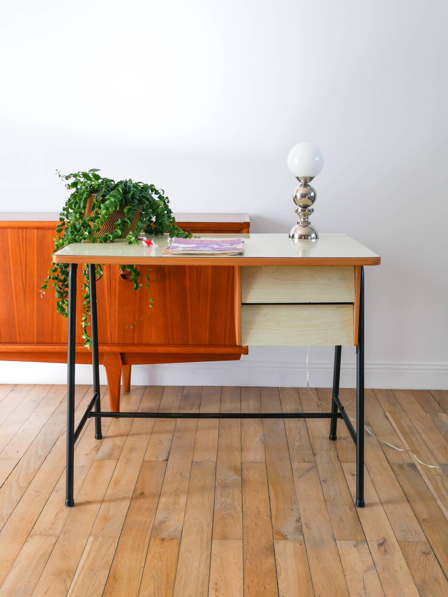 Formica, beech and black metal desk, Modernist Design, 1960