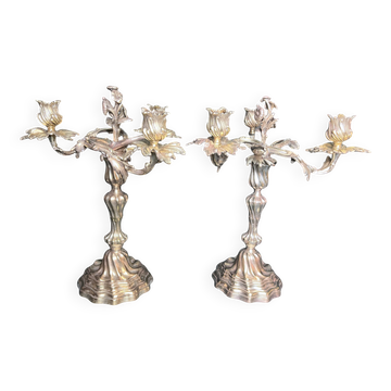 Tableware, pair of three-light candelabra in Louis XIX style from the late 19th century.