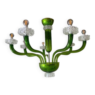 Contemporary Green Murano Glass Chandelier With Trasparent Rostrato Boubeches