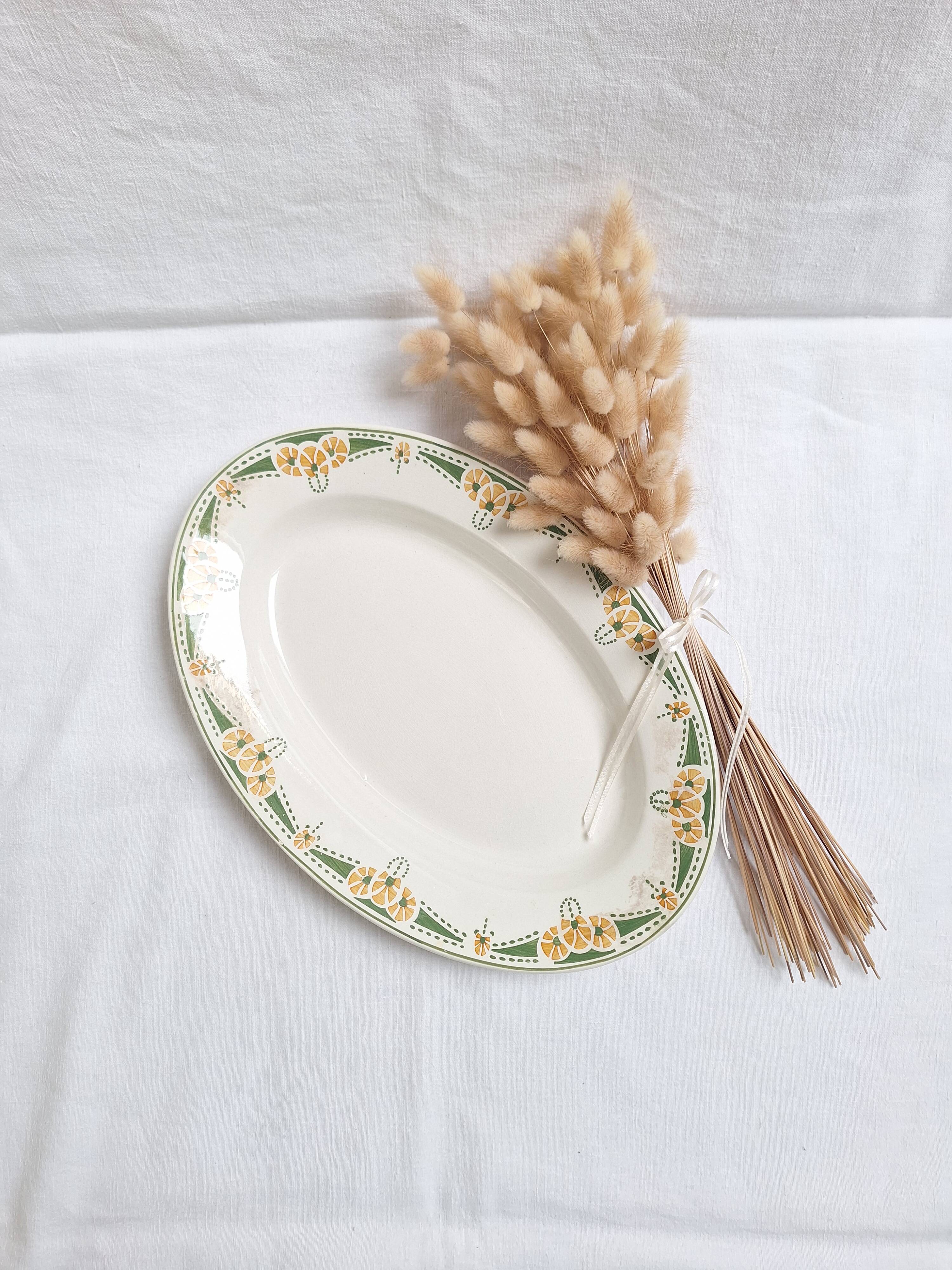 Plat ovale Longwy art déco vert et orange