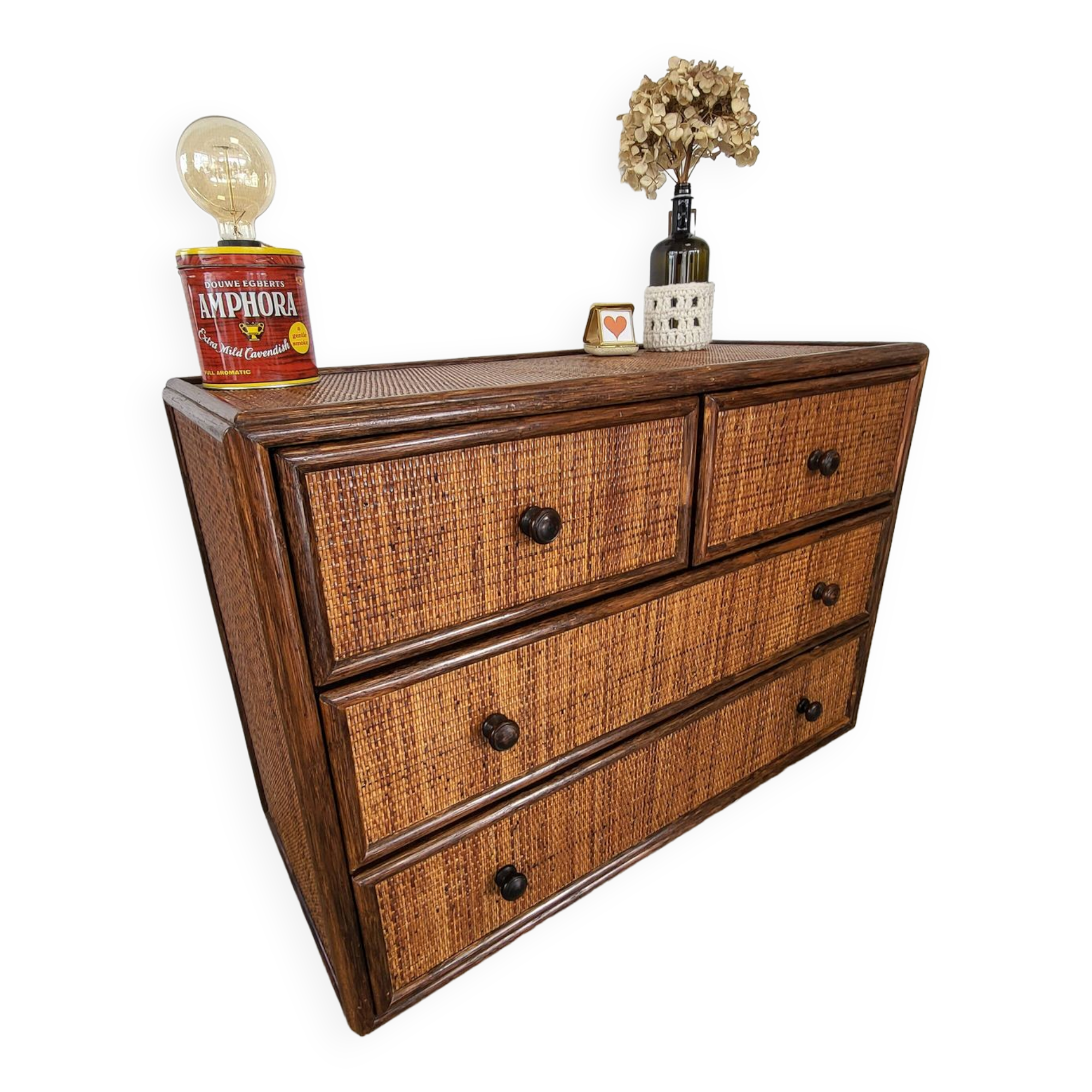 Rattan and solid wood chest of drawers