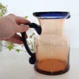 Bubble glass jug made by French craftsmen, blue and orange