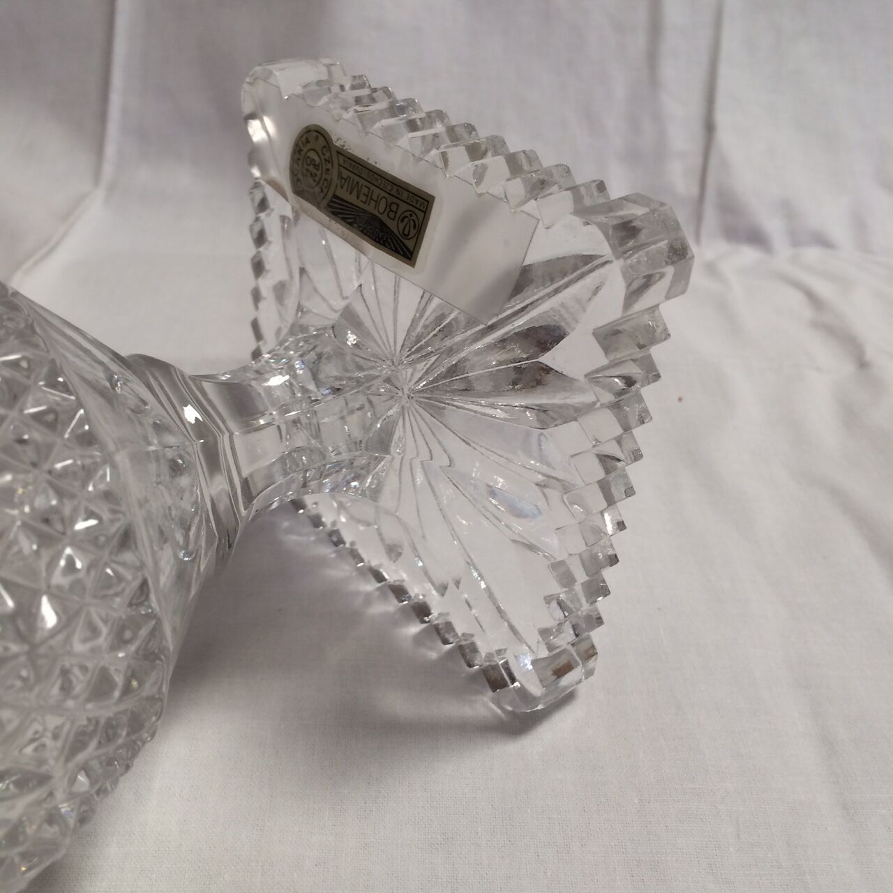 Vase in crystal medici on foot square with label Bohemia