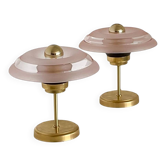 Pair of Art Deco bedside lamps in brass and engraved glass.