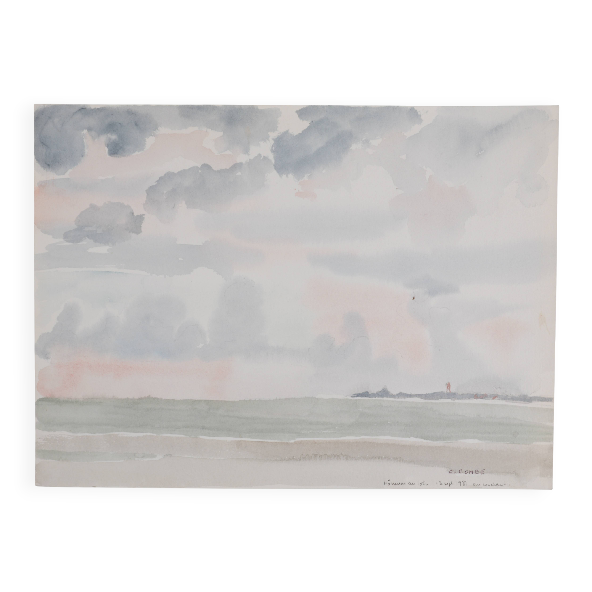 Camille COMBE: Shady seaside, Original signed watercolor