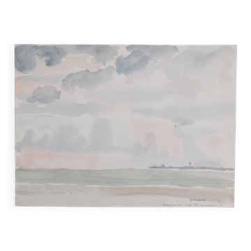 Camille COMBE : Bord de mer ombragé, Aquarelle originale signée