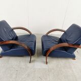 Pair of bentwood and blue leather armchairs, 1970s