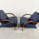 Pair of bentwood and blue leather armchairs, 1970s