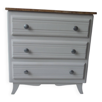 Commode vintage sublimée en gris perle, plateau bois.
