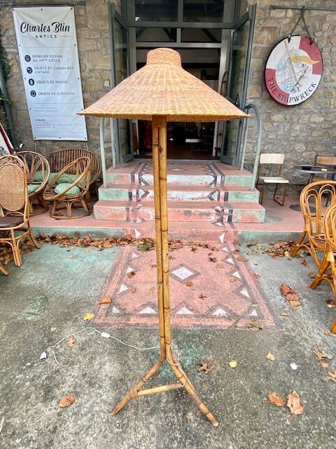 Wicker and rattan floor lamp circa 1960
