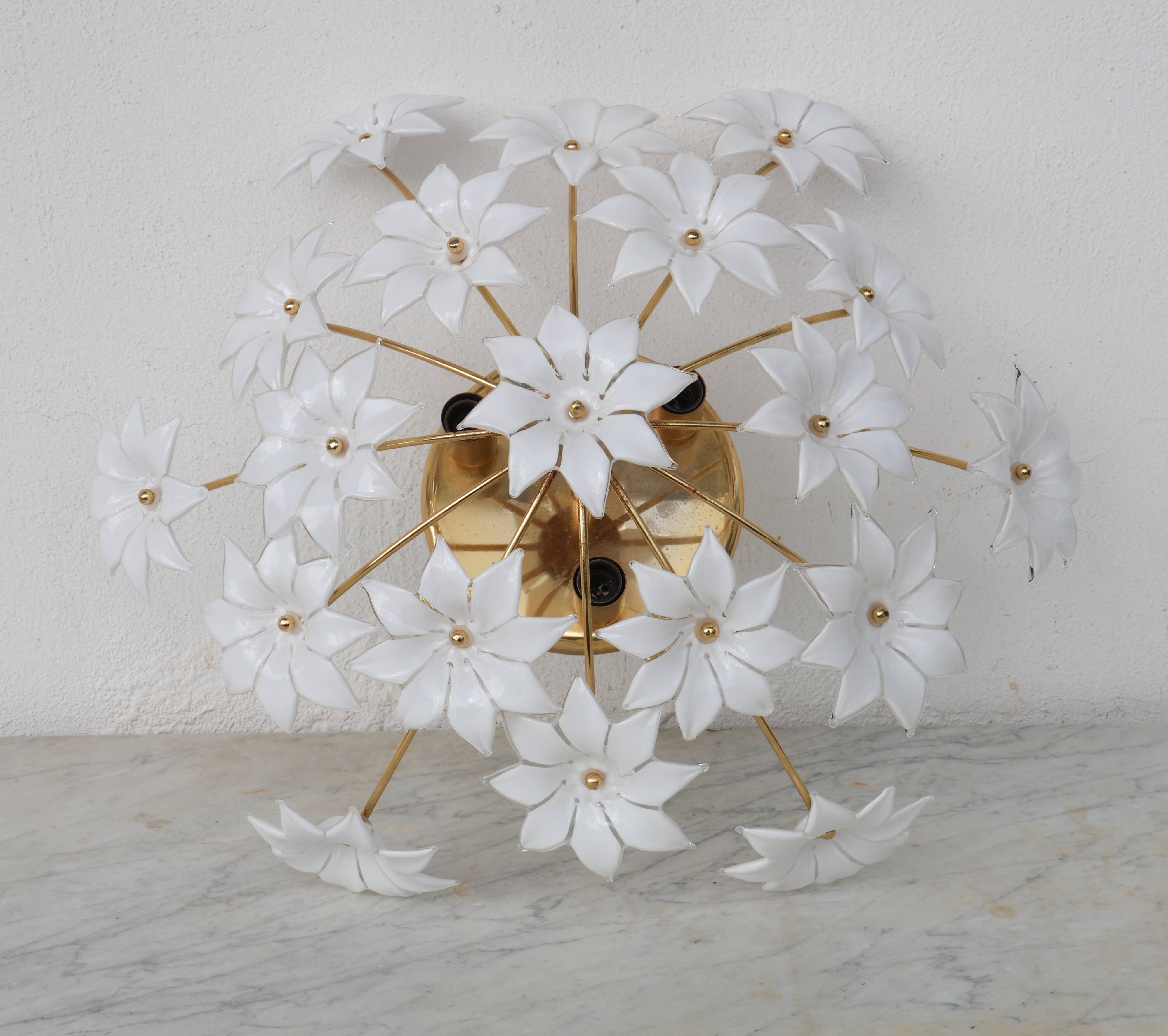 Wonderful Murano Ceiling Light White Flowers, 1970