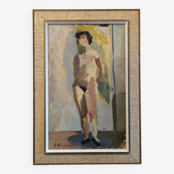 Peinture à l’huile nue vintage suédoise moderne du milieu du siècle « Helene », encadrée 1961