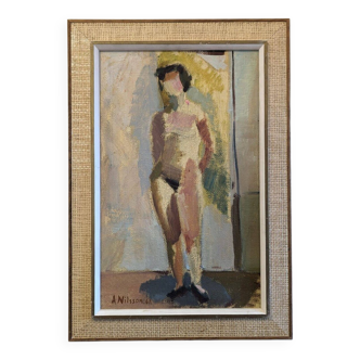 Peinture à l’huile nue vintage suédoise moderne du milieu du siècle « Helene », encadrée 1961