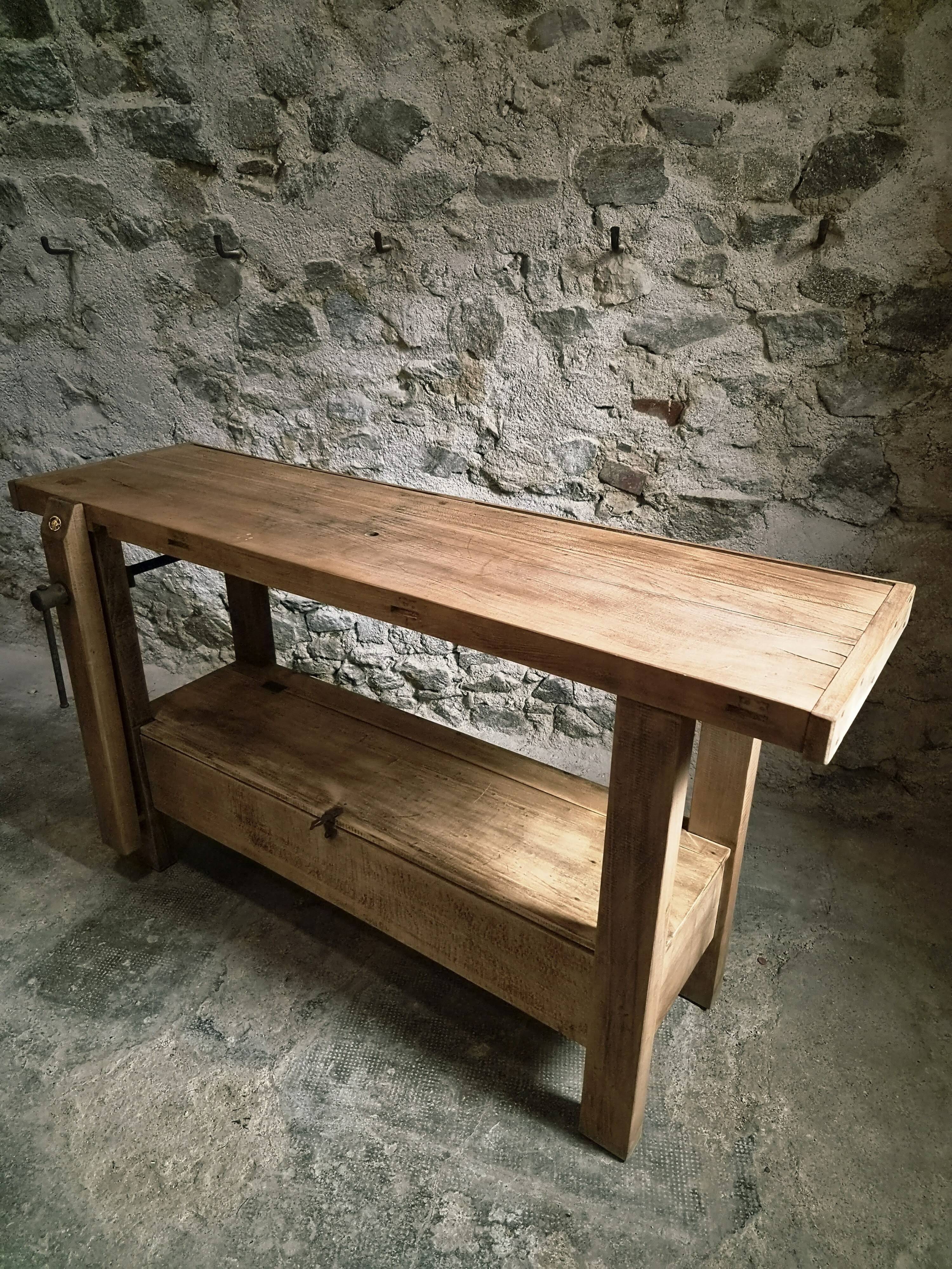 Vintage French beech side table, console, washbasin unit, industrial side table, circa 1950–1970.