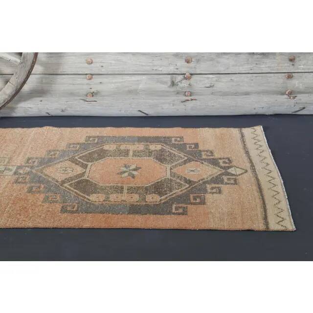 1970s Vintage Turkish Oushak Handmade Wool Cotton Orange Runner Rug 95x374