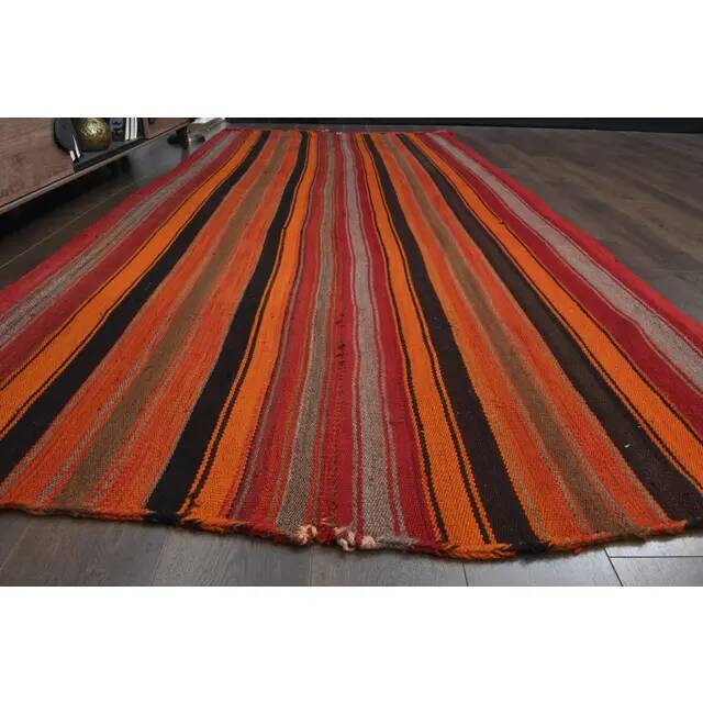 Orange Red Vintage Handmade Wool Cotton Kilim Runner Rug 172x372