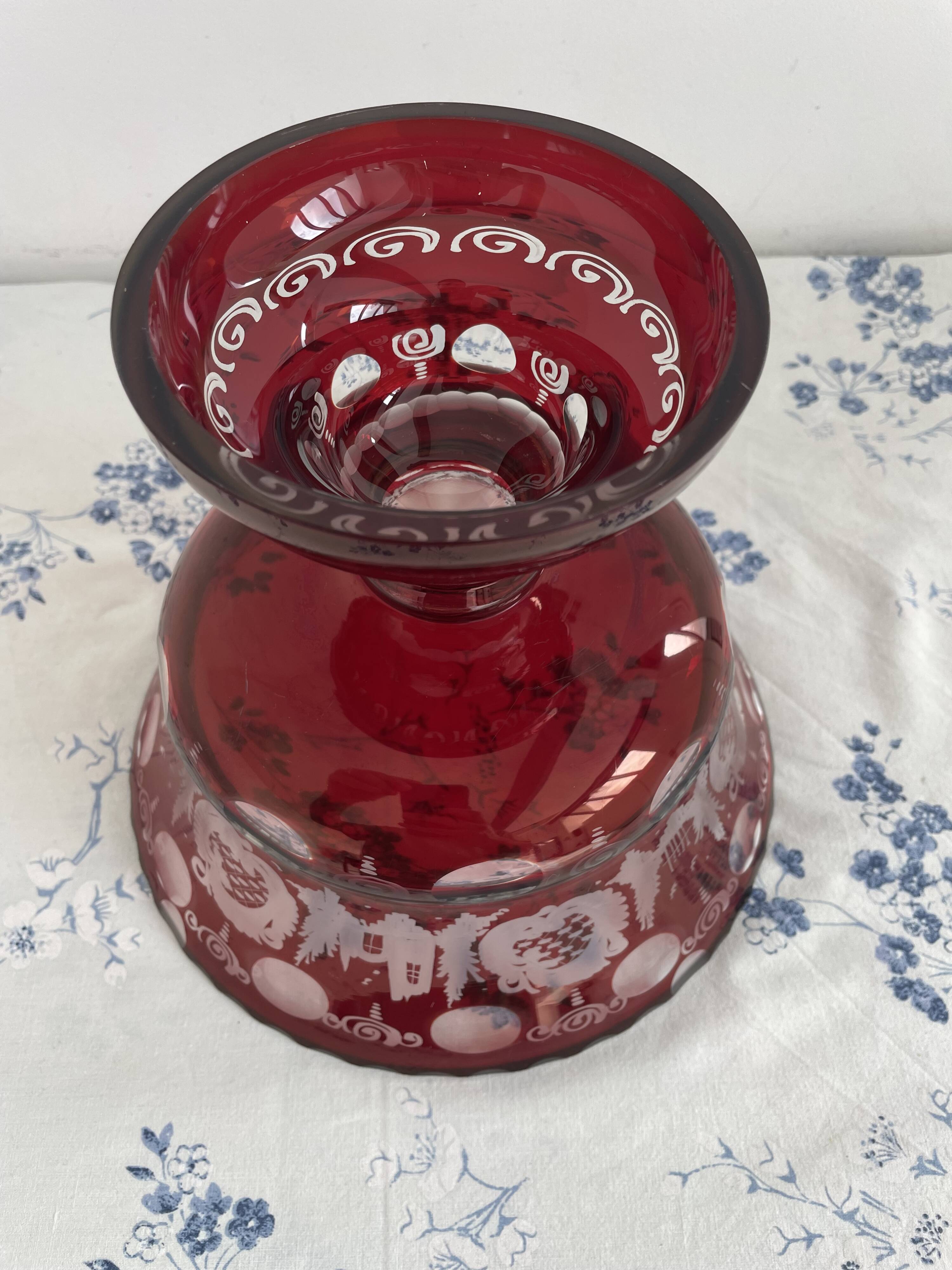 Large red and white overlay glass bowl, Bohemian 20th century