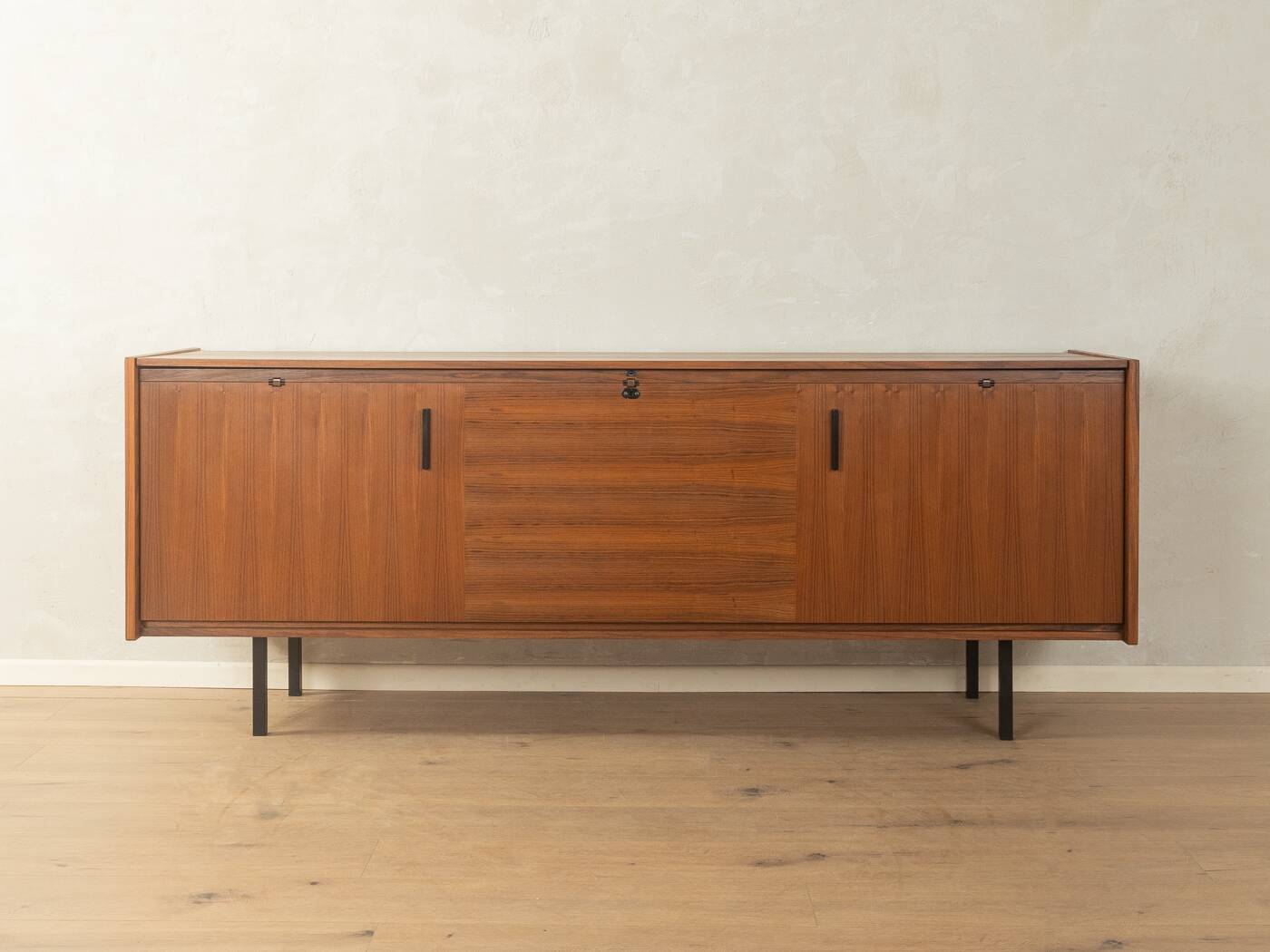 Unique folding bed from the 1960s, walnut veneer, black steel legs