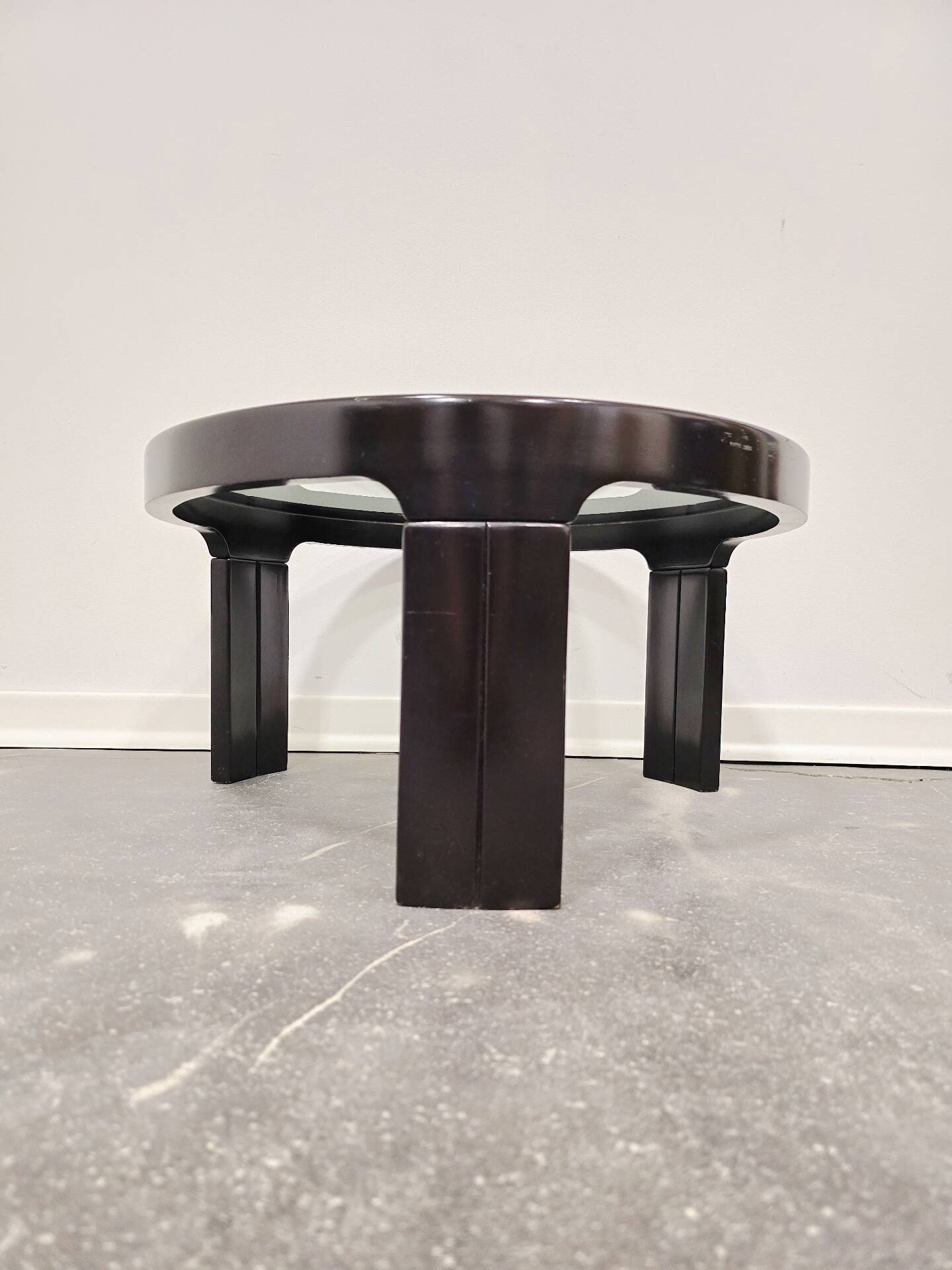 1970s Mid-Century Modern Black Coffee Table with Smoked Glass Top