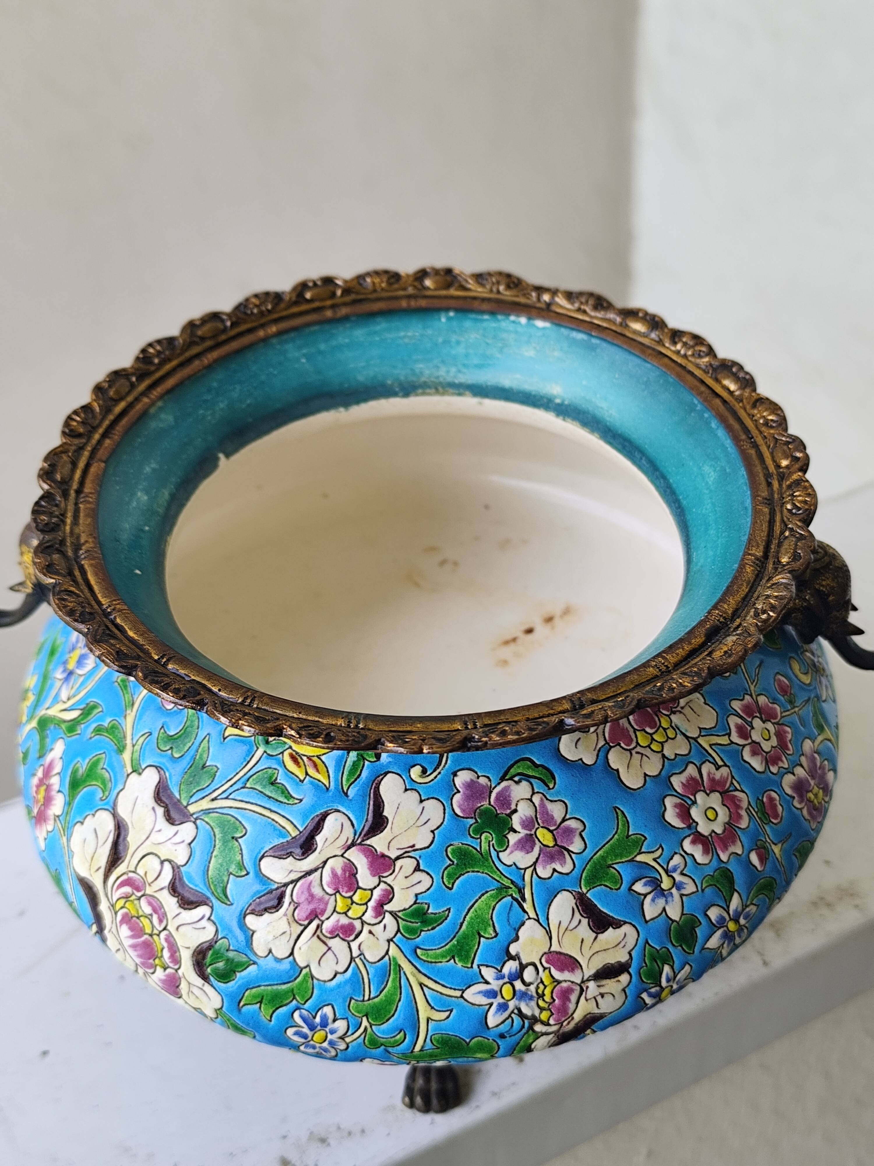 Antique jardinière ceramic enamel Longwy with bronze mount elephant head