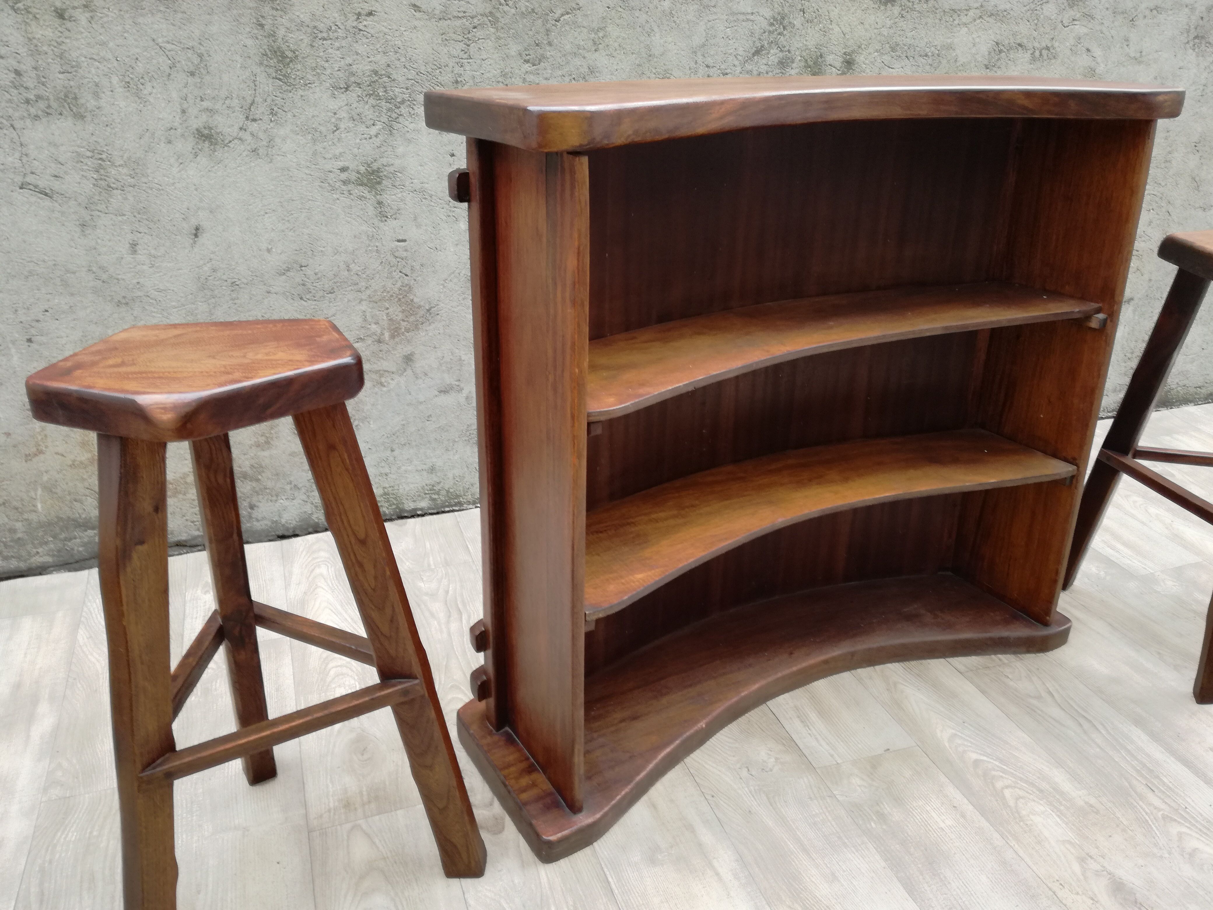 Bar and 2 brutalist stools in massive elm circa 1960