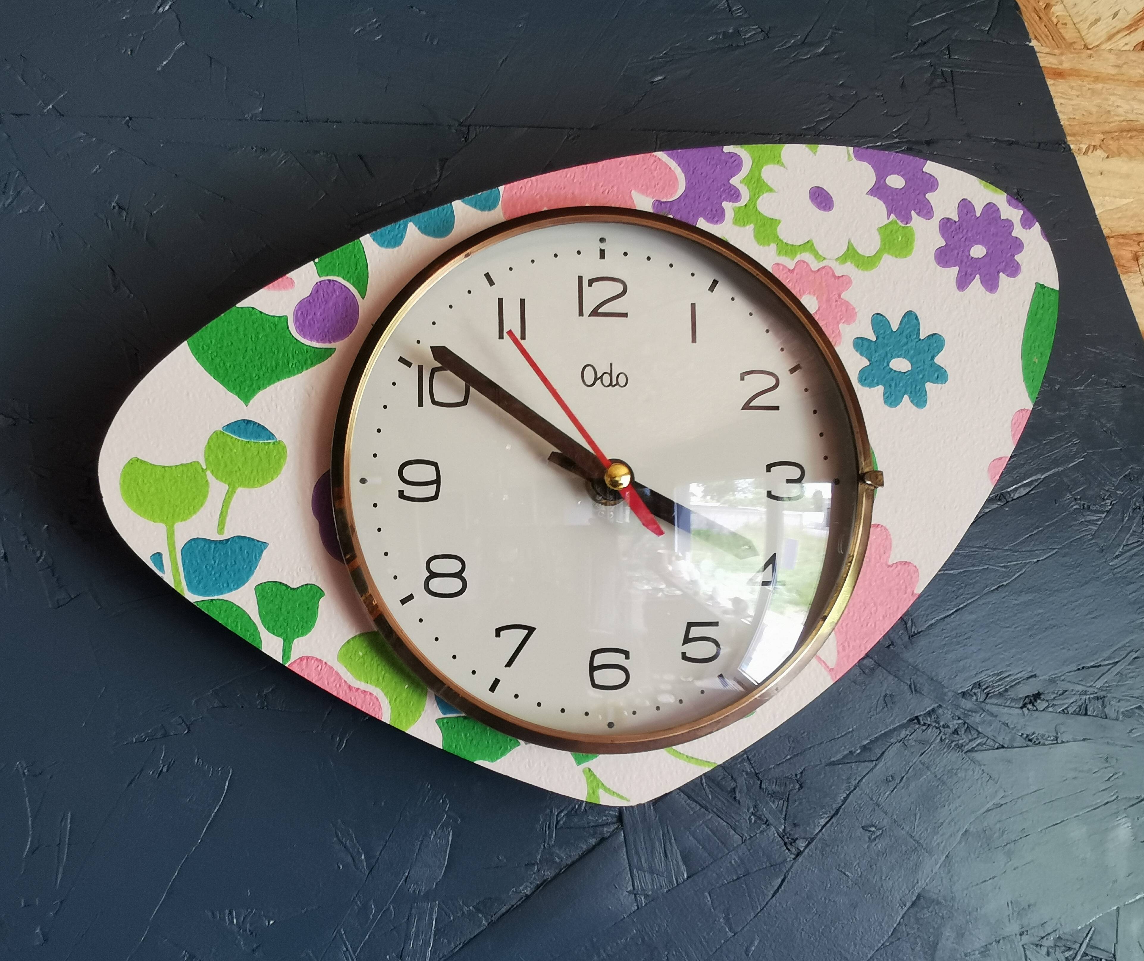 Vintage silent asymmetrical wall pendulum clock "Purple green pink flowers"