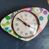 Vintage silent asymmetrical wall pendulum clock "Purple green pink flowers"