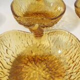 Salad bowl set and 4 dessert cups, vintage, apple shape in amber glass