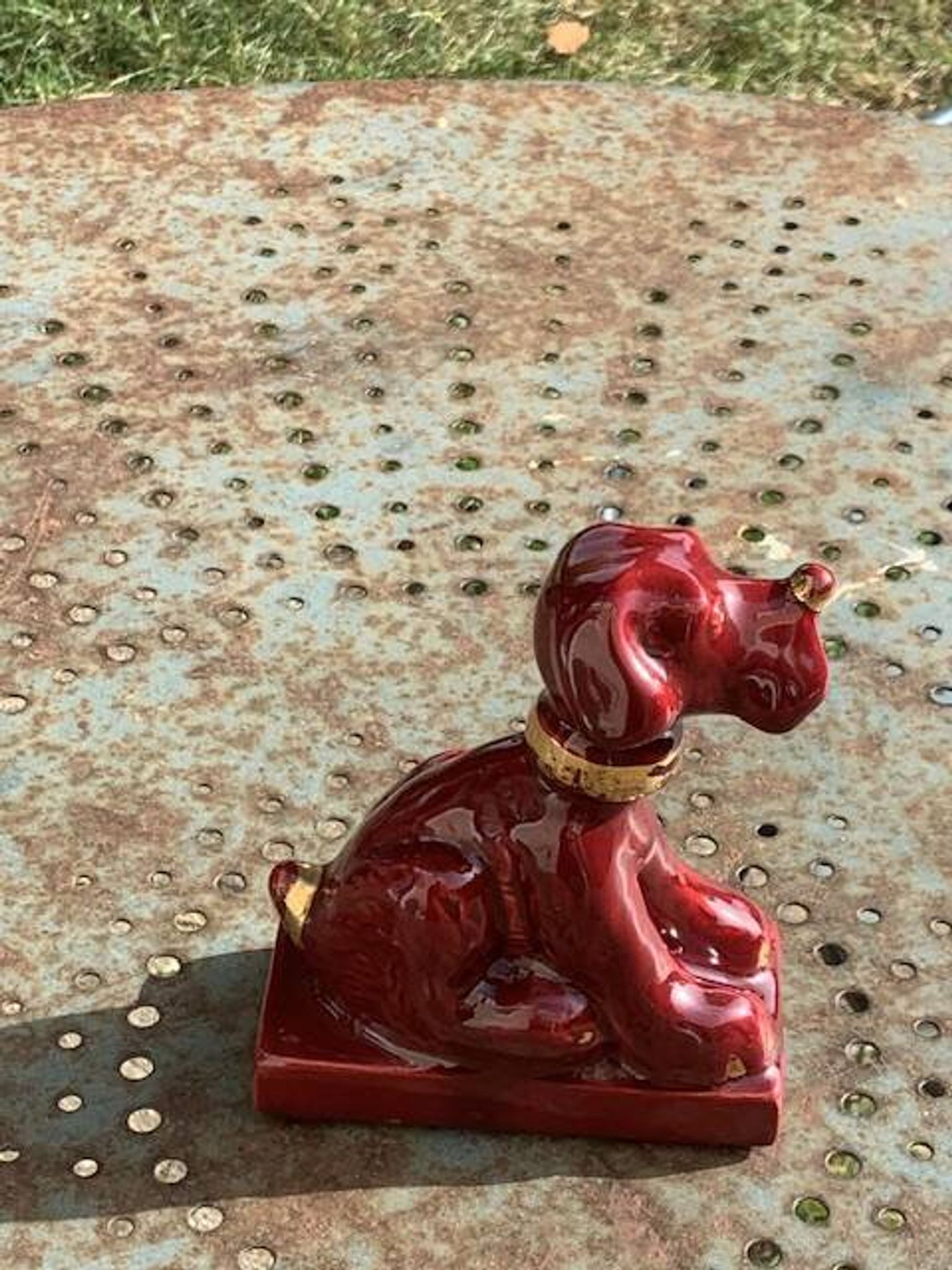 Dog sign CAB in vintage burgundy red enameled ceramic slip, art deco
