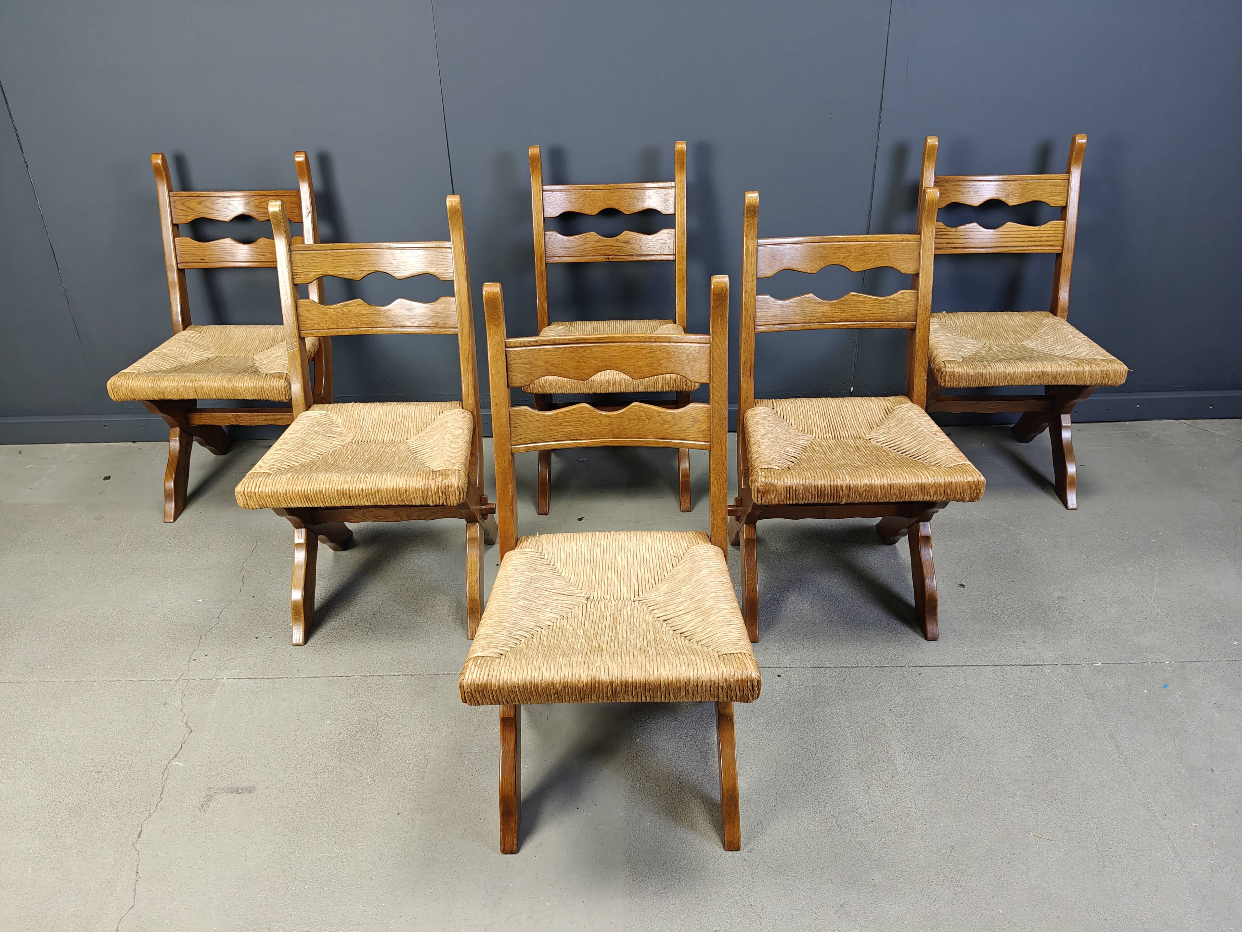 Vintage oak and wicker brutalist chairs, 1960s - set of 6