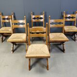 Vintage oak and wicker brutalist chairs, 1960s - set of 6