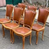 6 solid wood and leather chairs in Louis XV style