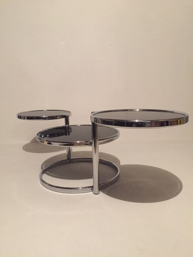 3-plate swivel coffee table in 1970s glass and chrome