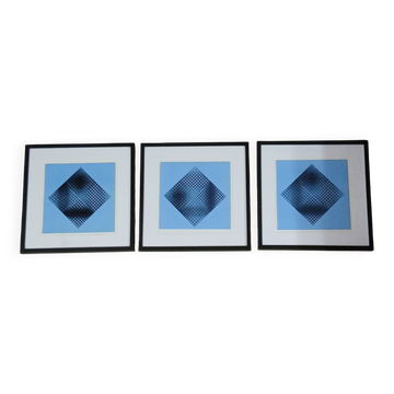 Trio Vintage Optical Art Tableaux - Victor Vasarely - Frames 40x40cm