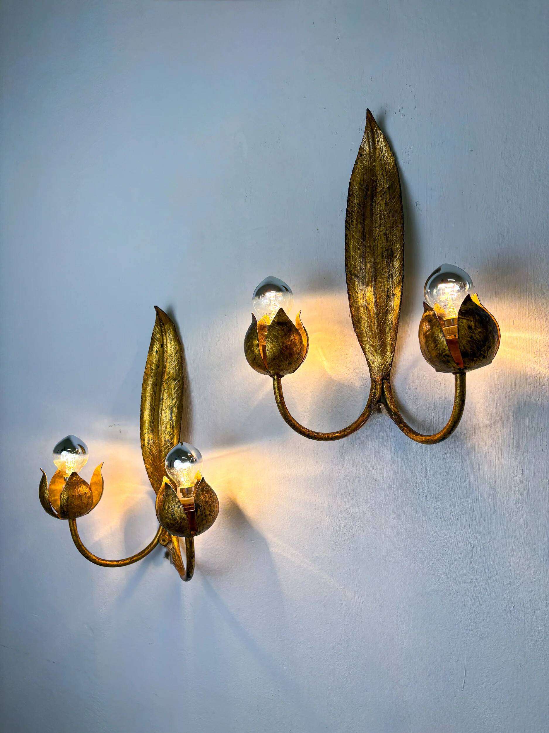 Pair of Spanish foliage wall sconces, leaf arms & bud shades, gilt iron, 1960s