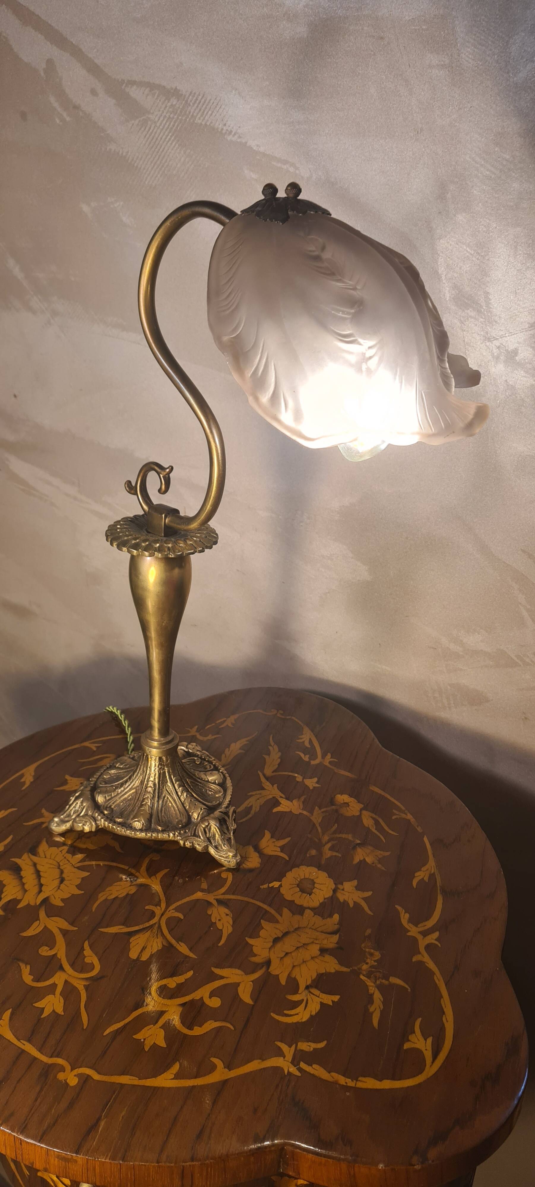 antique art nouveau bronze lamp with molded glass petals 43x25 cm
