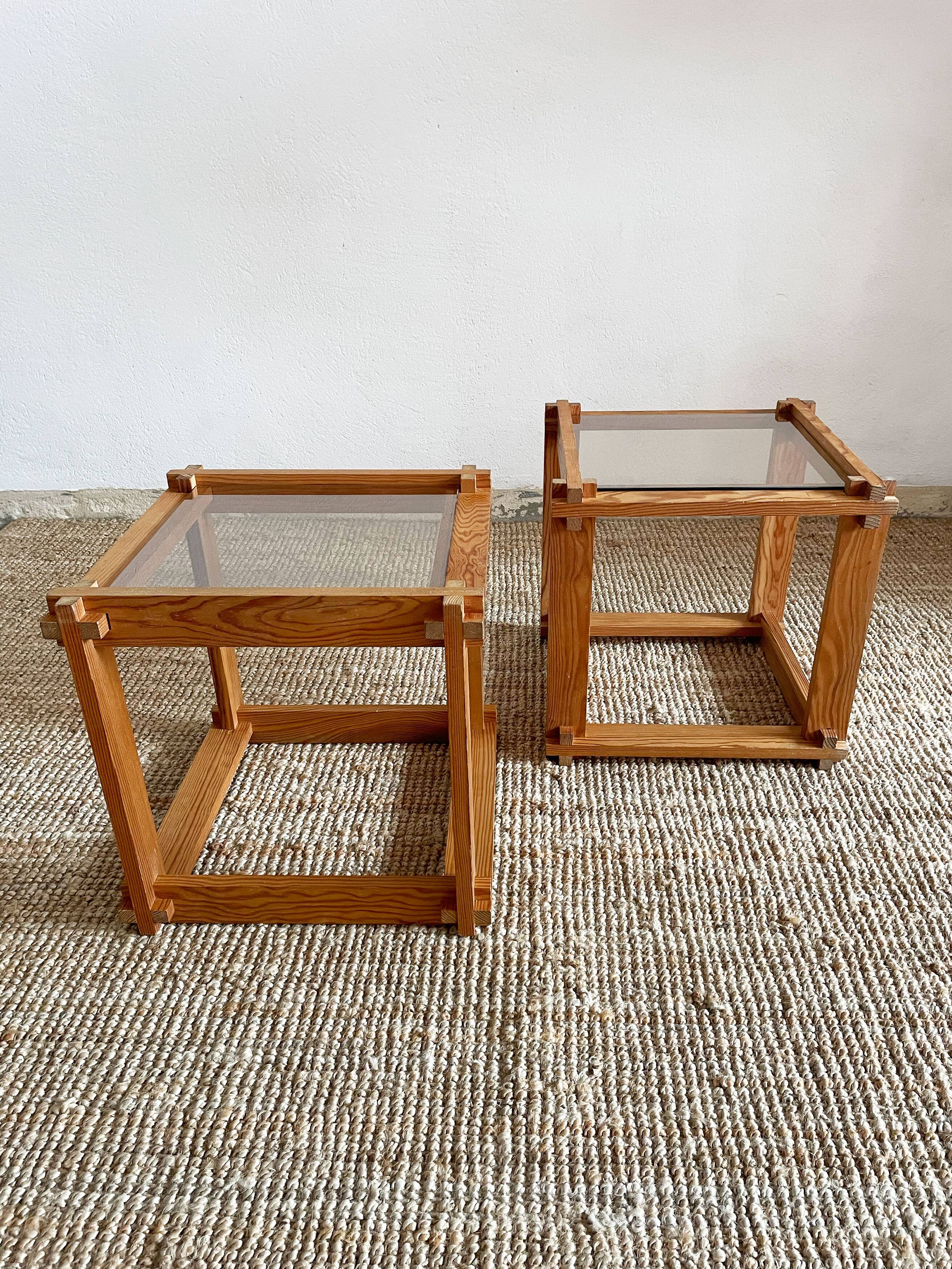 Pair of pine and glass side tables