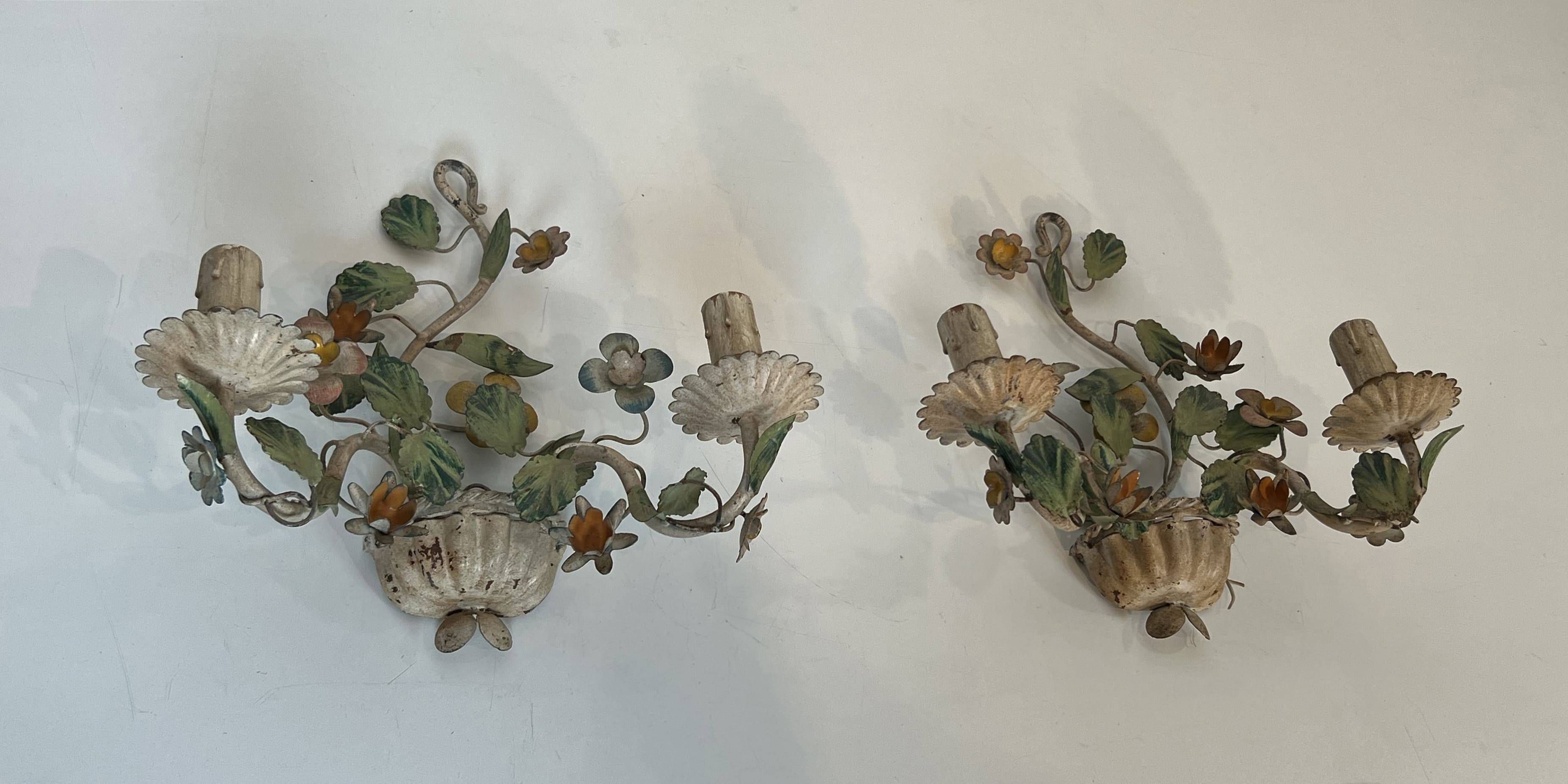 Pair of Wall Lights with Floral Basket in Painted Sheet Metal. Italian Work. Circa 19.