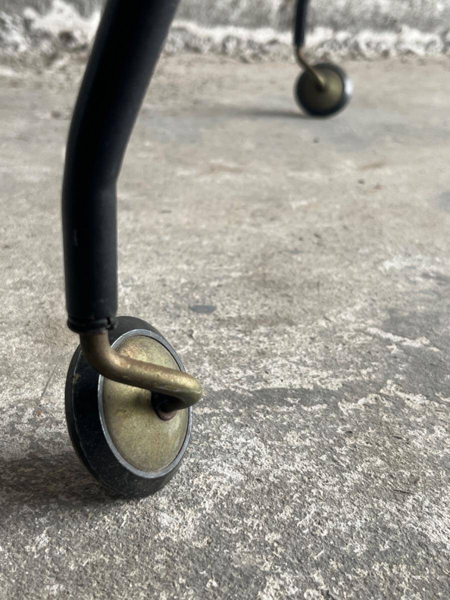 Black brass and glass mid-century trolley with sculptural legs — two-tier vintage bar cart