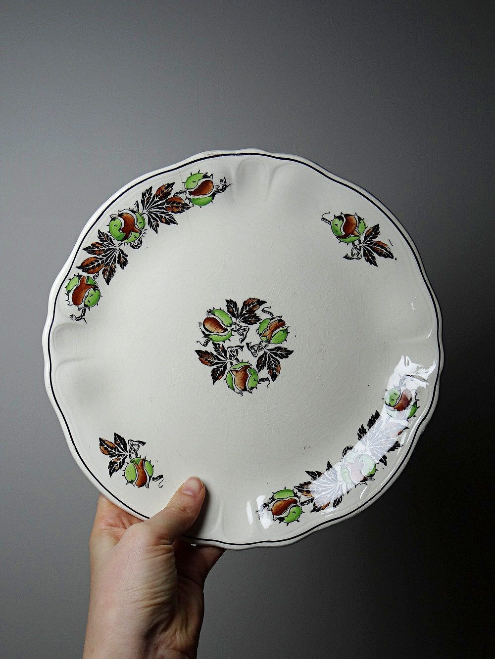 Antique compote dish "Marrons" Longchamp earthenware, polychrome ironstone.