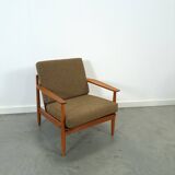 Teak Scandinavische fauteuil met bruin stoffen kussens, stoel 2