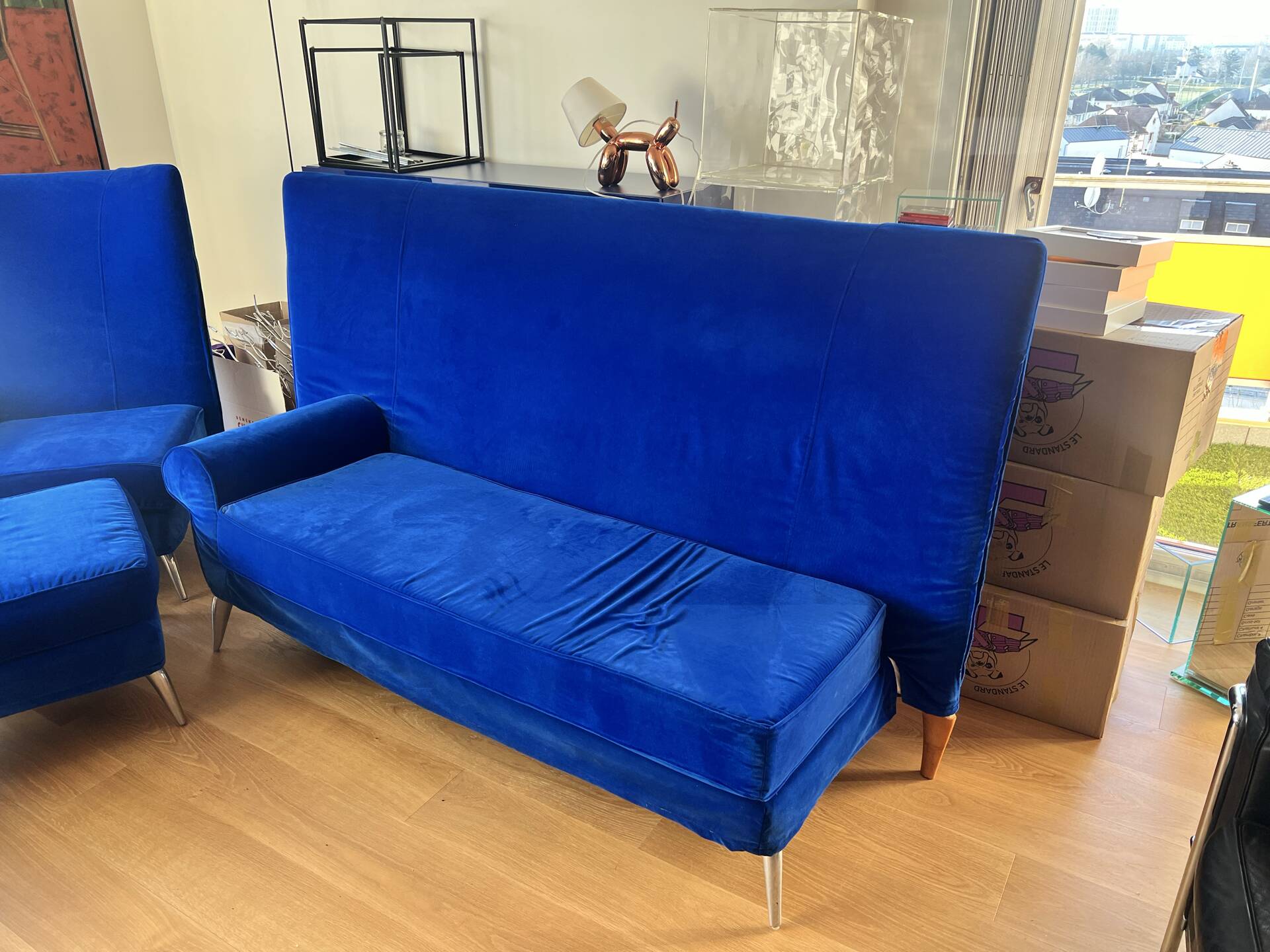 Blue velvet sofa Philippe Starck model Royalton
