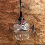 Old atomic age pendant lamp chromed metal & molded glass 70's vintage